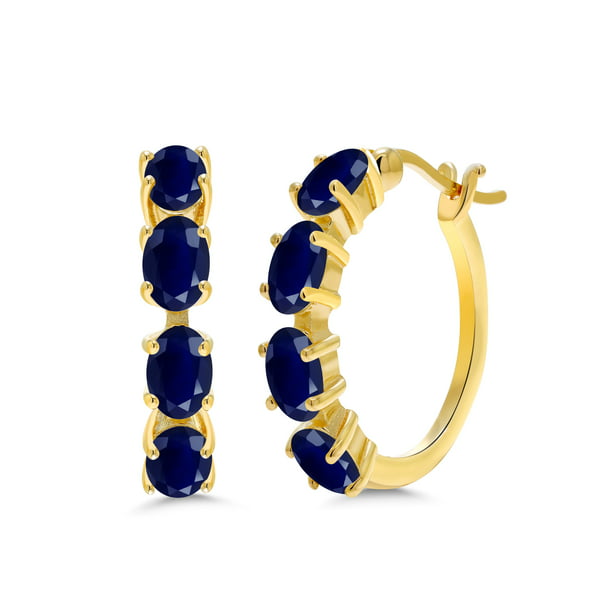 Gem Stone King 4.40 Ct Oval Blue Sapphire 18K Yellow Gold Plated Silver Hoop Earrings 